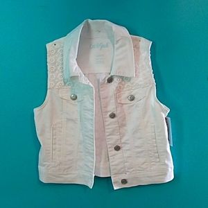 White floral jean vest